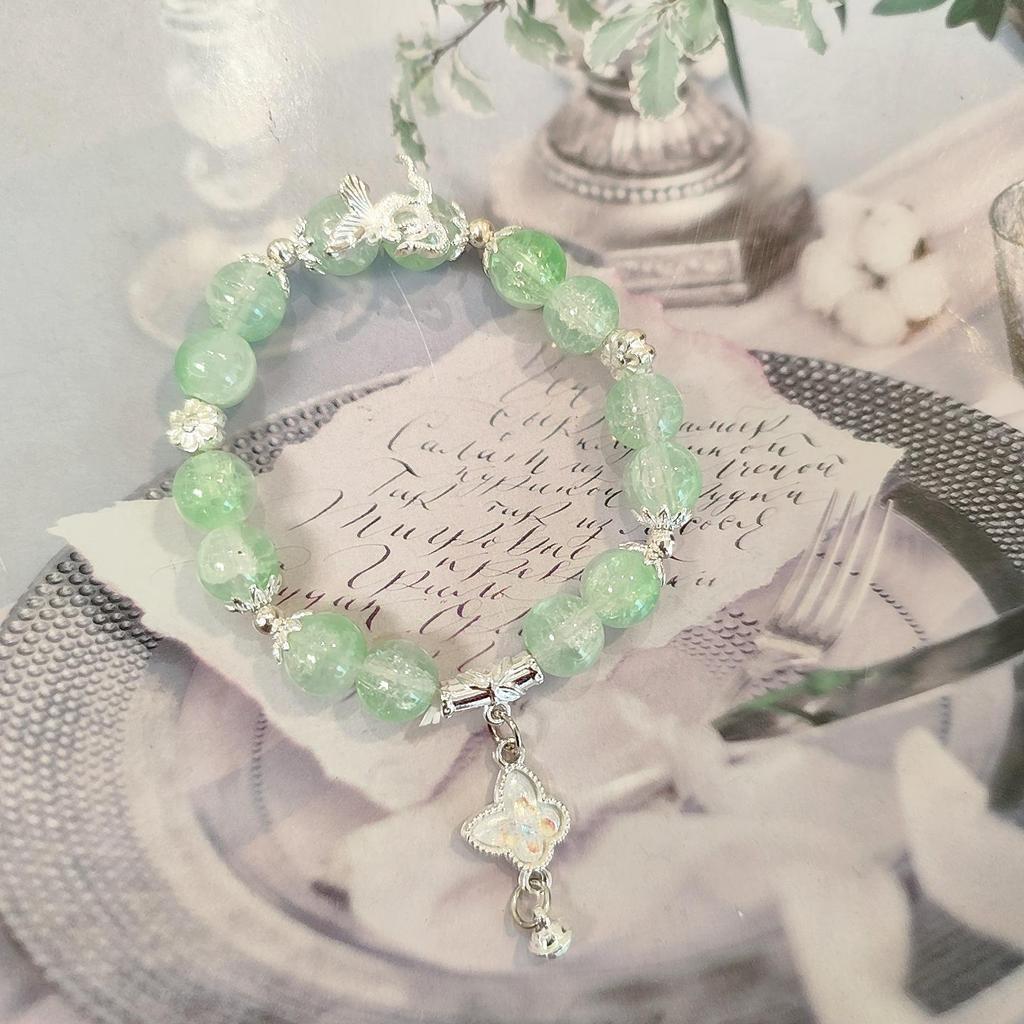 Forest Butterfly Glass Bracelet with Ice-Cracked Flower Beads