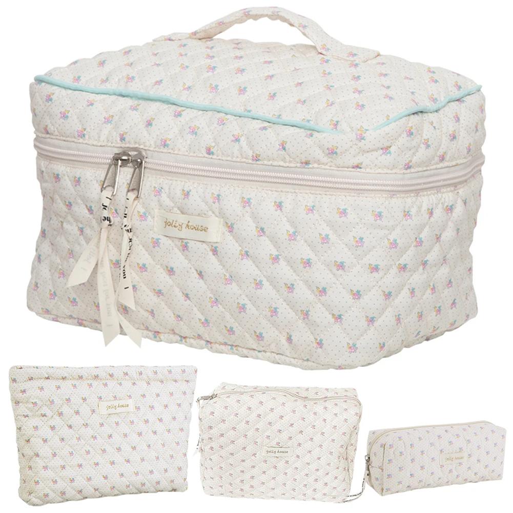 Women Padded Clutch with Zipper Quilted Cosmetic Pouch Cotton Floral Printed Large Capacity Female Girls Storage Bag Set