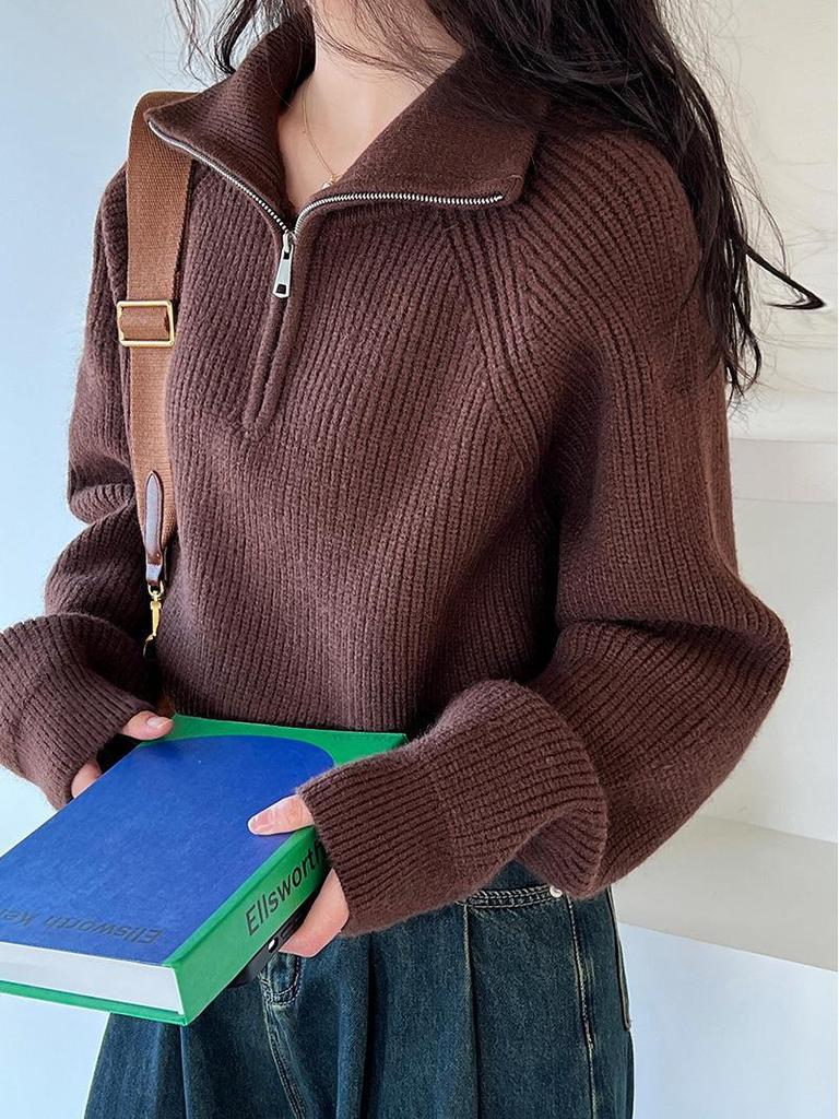 2025 Autumn/Winter Half-Zip High Neck Loose Knit Cardigan Sweater