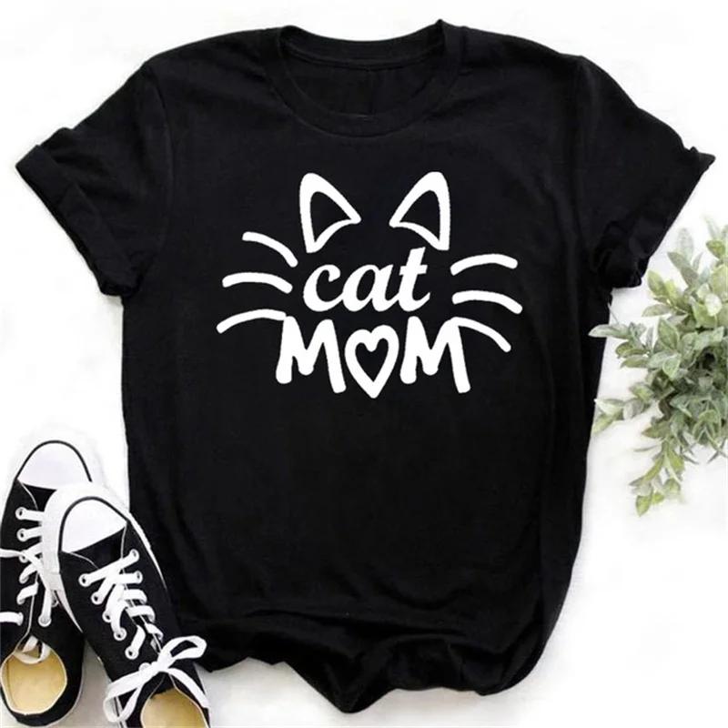 Maycaur Cute Paw Women T Shirt Fashion Cat MOM Printed Woman Tops Harajuku Punk O-neck Top Tee Black Shirt T Female T-shirt