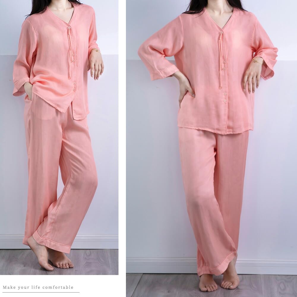 Yes Family Tencel Summer Open Size XL Women's 100% Double-Layered Pajamas, 3/4 Sleeves, Sleepwear, Front, Pink,