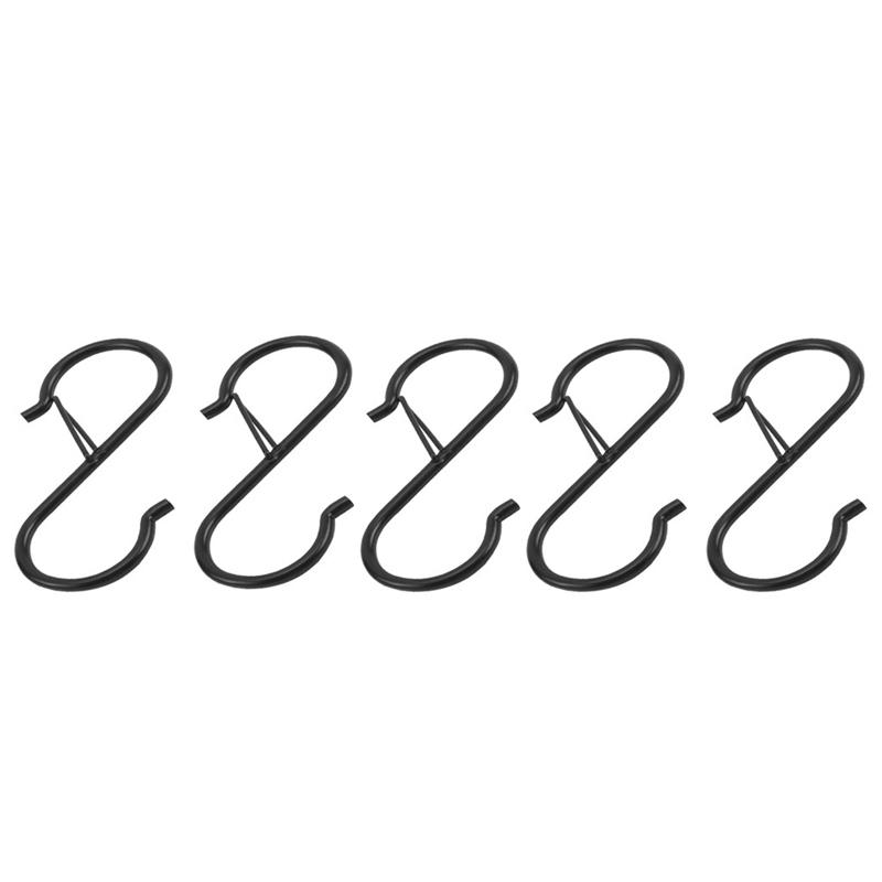 5PCS S-Shaped Hook with Safety Buckle Black Silver Metal Hook for Outdoor Flower Baskets Kitchen Utensil Bedroom Clothes Storage