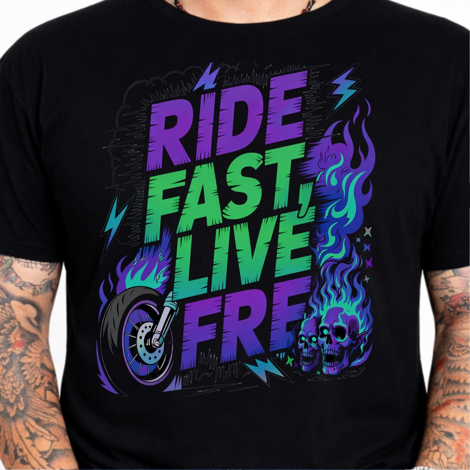 Ride Fast Live Free Neon Biker Motorcycle Skulls Flames Wheel Graphic T-Shirt. XXL