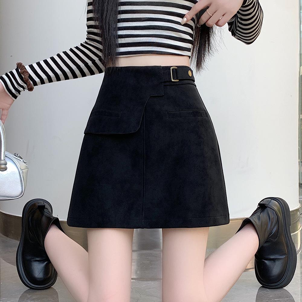 

Plus Size Women s Brown Suede A-line High Waist Short Skirt for Spring & Autumn Large чорний