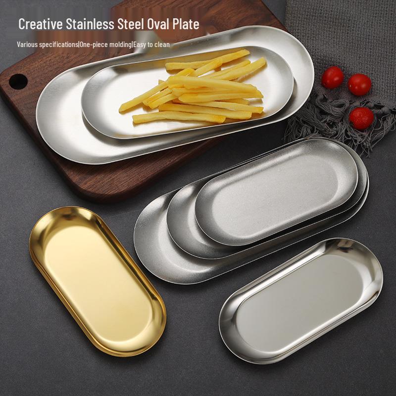 Japanese Retro Stainless Steel Oval Accessory Tray - Creative Gold Dessert and Towel Plate