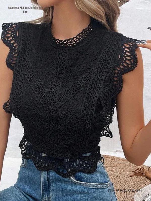 2026 Summer Hot Selling Sexy Hollow-Out Geometric Pattern Women's Lace Chiffon Top