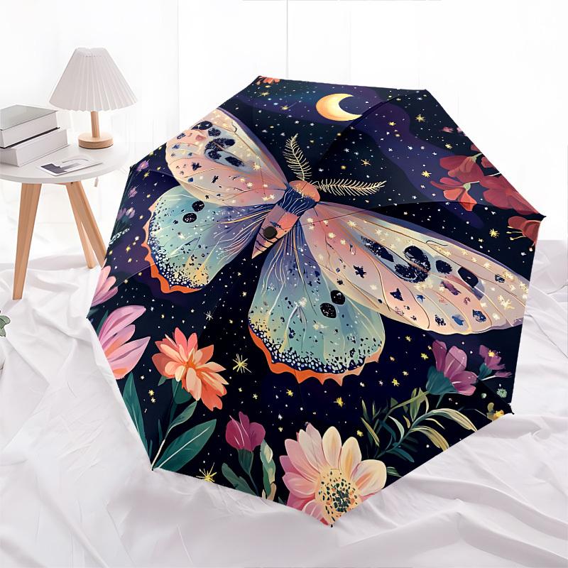 Butterfly,Night Garden Automatic Folding umbrella Compact 8 rib Design,Unique Style,Suitable for Everyday Outdoor Use,Perfect Gift for