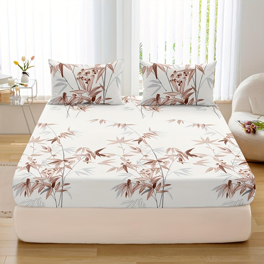 Bamboo 3Pcs Leaf Print Fitted Sheet Set- Soft, Breathable, Comfortable, Hypoallergenic Bedding For Bedroom, Guest Room- 1 Fitt