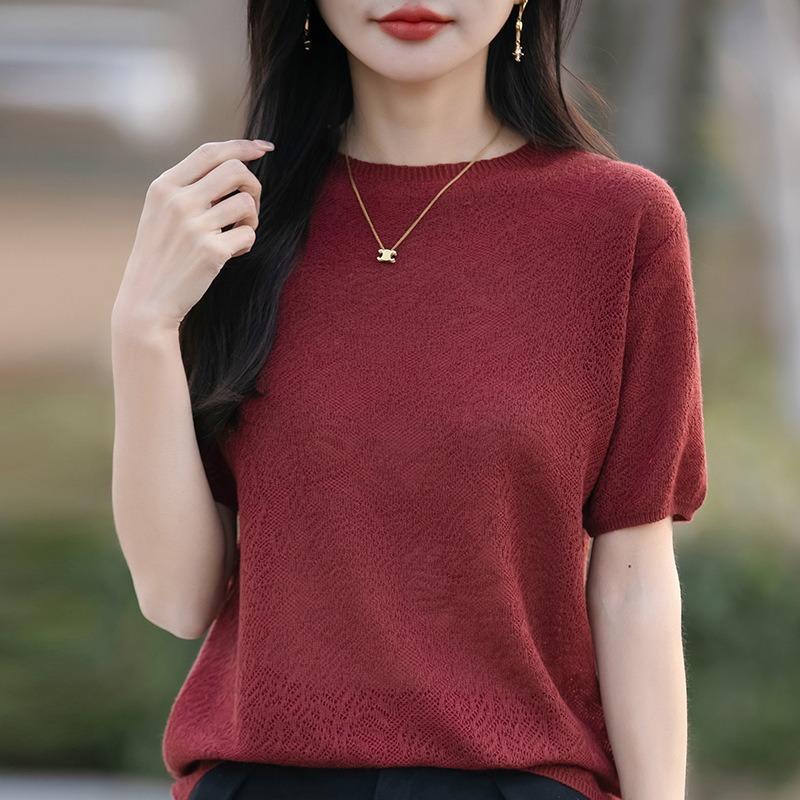 

Женский свитер с коротким рукавом, свободная вязка, 14 игл, шерстяная, с круглым вырезом и полым крючком, весна-лето L красный