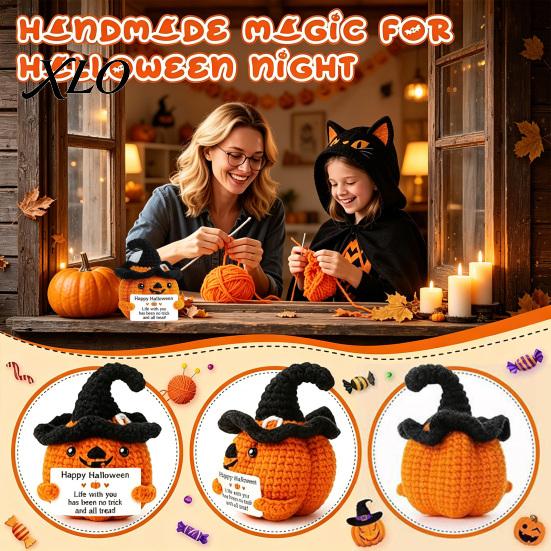 Halloween Häkelkürbis Dekor Handgemacht Positiv mit Hexenhut, Herbst Boo Korb Füller, Gemütliche Herbst Wohnaccessoires Mini Gestrickte Plüschfigur,
