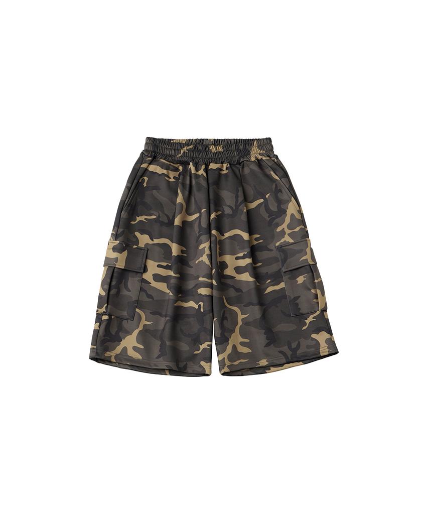 URBANAGE Bermuda Camo Wide Cargo Sweat Shorts_Khaki
