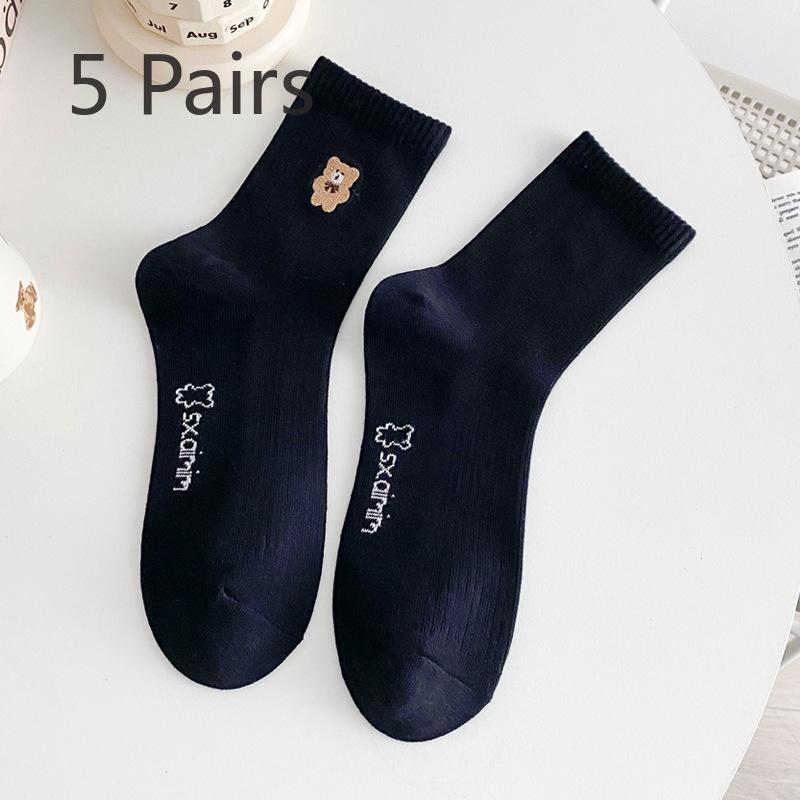 5 Pairs of Female Spring and Summer Cute Cartoon Letter Bear Tube Cotton Socks