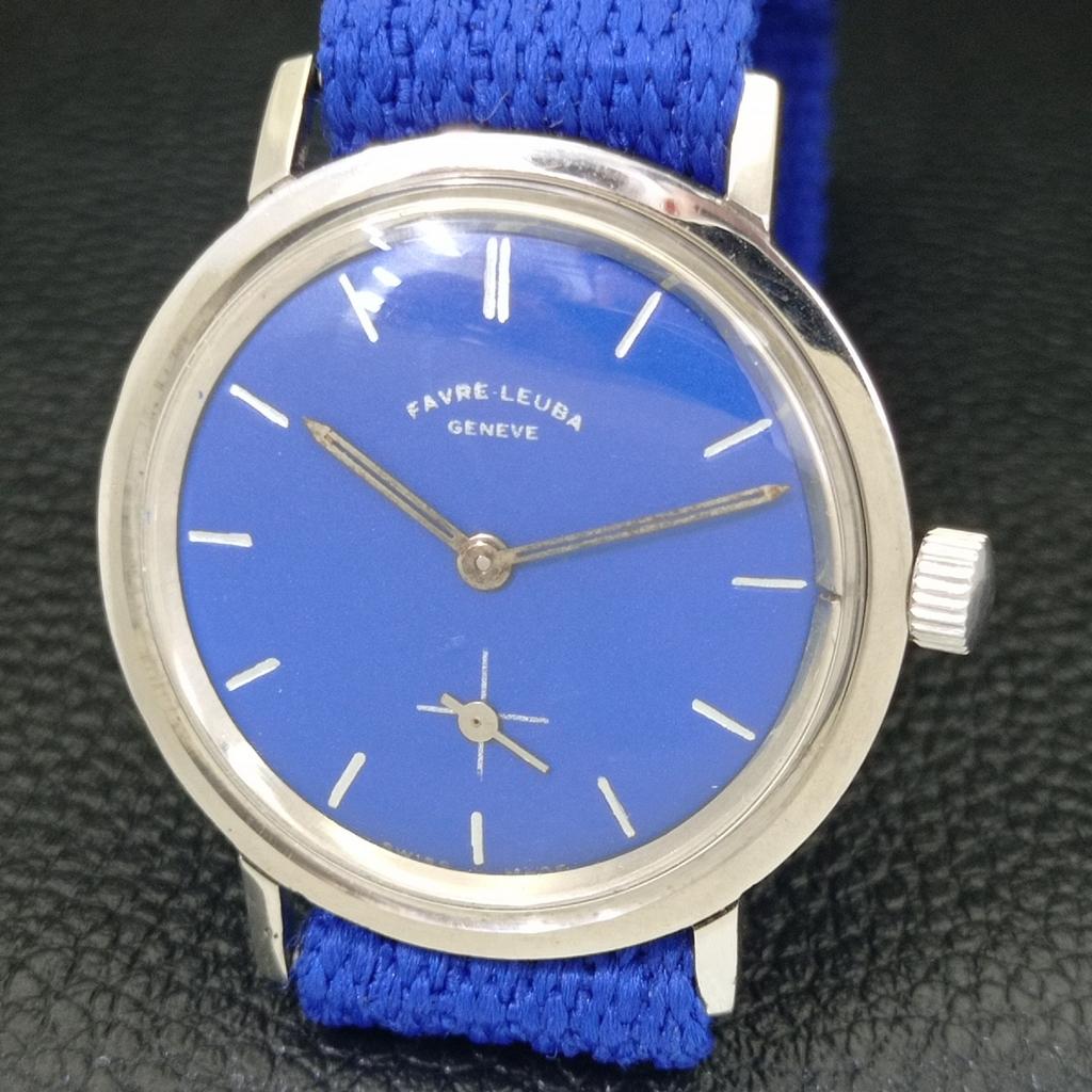 HAND-WINDING VINTAGE FAVRE LEUBA SWISS MENS BLUE COLOR DIAL WATCH A436436-2 R129-a436436