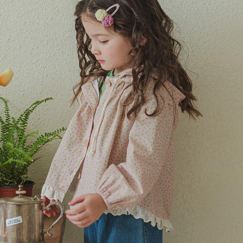 

Весна 2025 Цветочный кружевной плащ с капюшоном для корейских девочек-малышек - Клубнично-коралловый 110cm