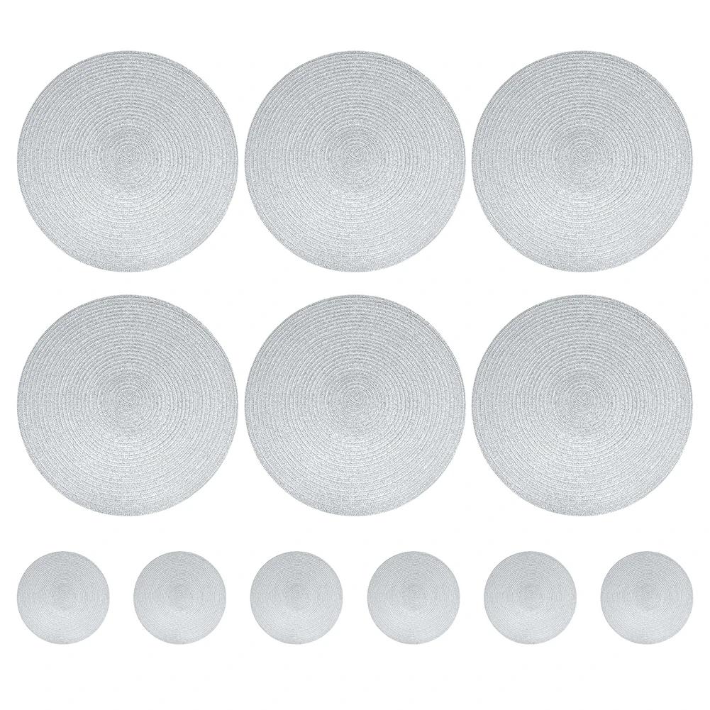Set med 6 runda bordstabletter och underlägg flätade vävda bordstabletter tvättbara värmebeständiga bordsmattor och underlägg för matbord