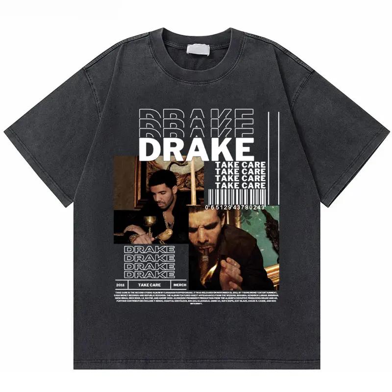 Washed Vintage Rapper Drake Take Care Album Graphic T Shirts Men Hip Hop Retro Tshirt Mens Fashion Casual Oversized Tee Shirt