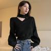 Designed Cross Halter Neck V-neck Knitted Top for Women In Spring and Fall with Loose Waist and Bottoming Sweater T-shirt Short Top