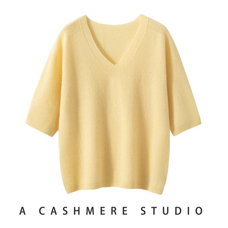 Pure Cashmere Women's Seamless V-Neck Short Sleeve Knit Top