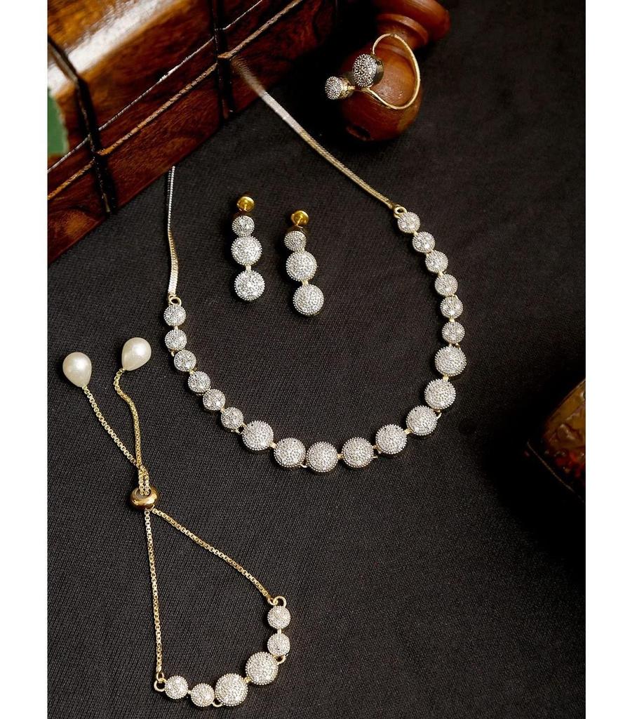 Jewellery Set for Women American Diamond Combo of Choker Necklace Set with Earrings, Bracelet and Ring for Girls and Women