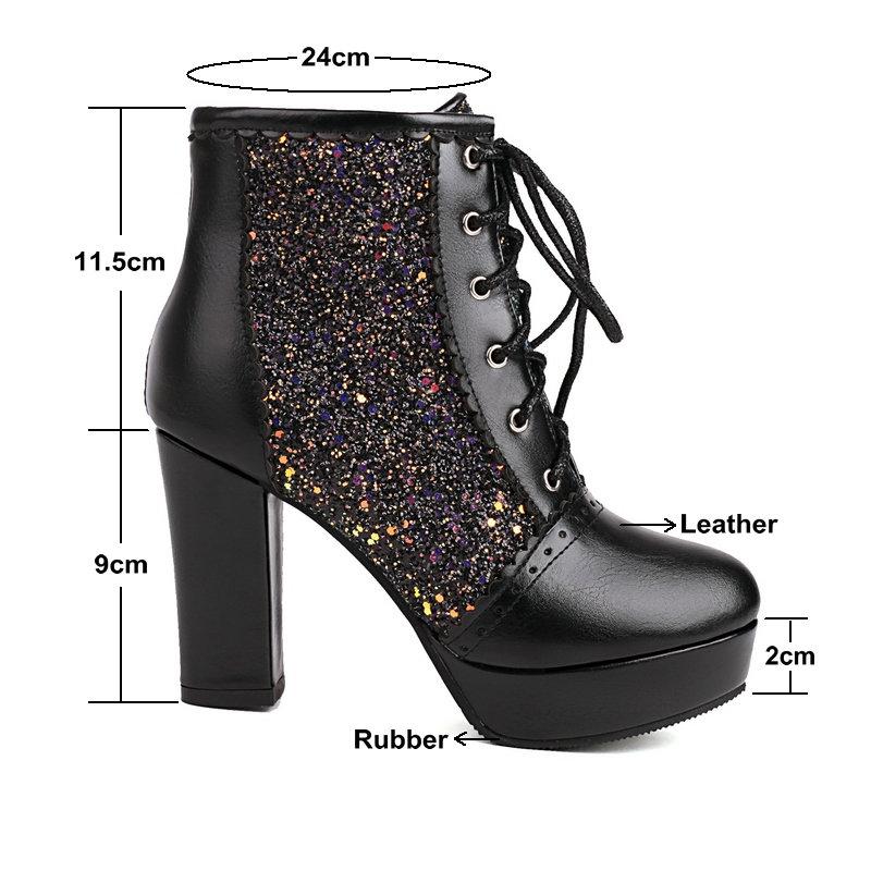 Women Ankle Boots Gold Silver Red Platform Shoes Elegant Studded Sequin Lace Up Autumn Winter Comfy Stable Chunky High Heels