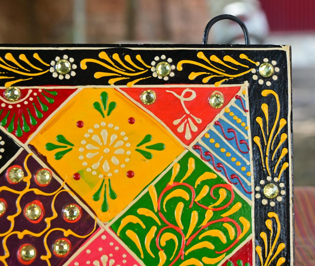 Hand-Painted Indian Folk Art Panel: Boho Wall Decor with Mirror