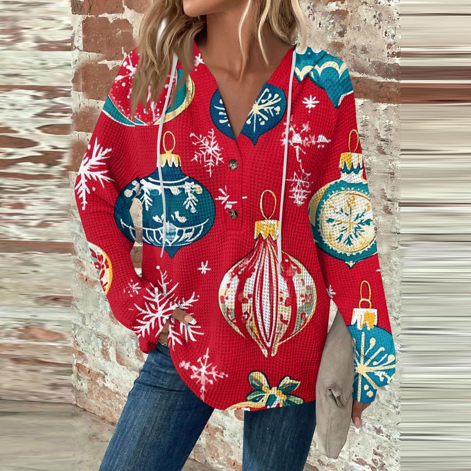 

Женский повседневный топ с длинными рукавами, пуговицами, V-образным вырезом, рождественским принтом, завязками и капюшоном XXL синий