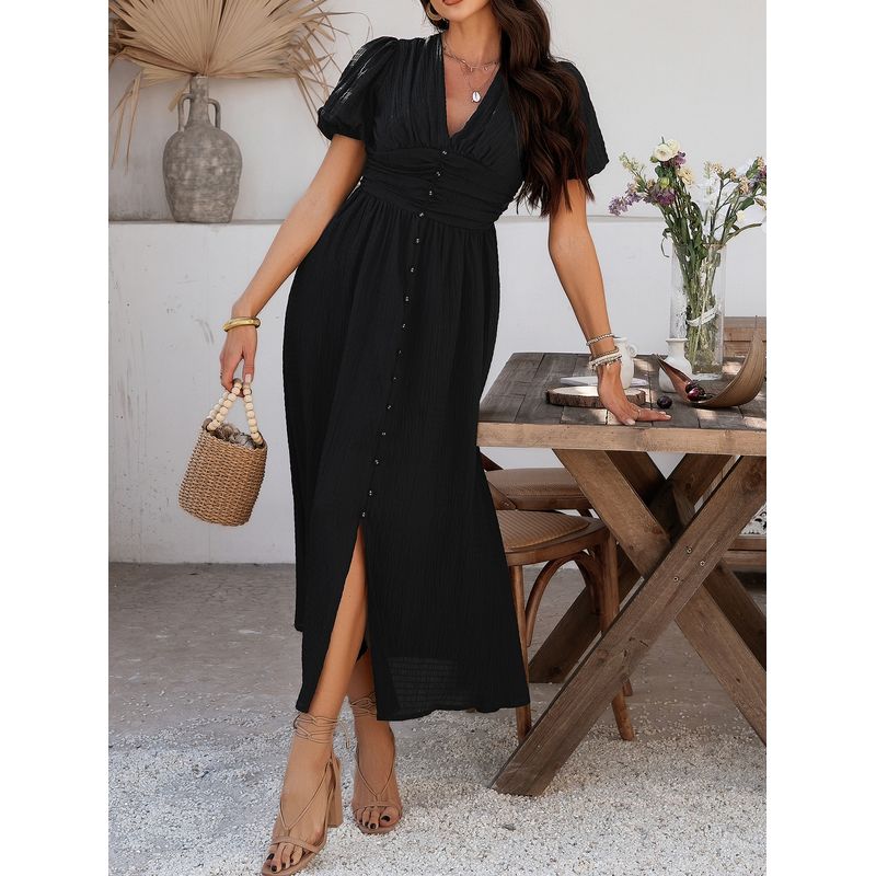 

Богемное платье в прибрежном стиле Модное летнее платье с V-образным вырезом на одной пуговице, с облегающей талией и рукавами-буфами. Женское платье с короткими рукавами. Black S