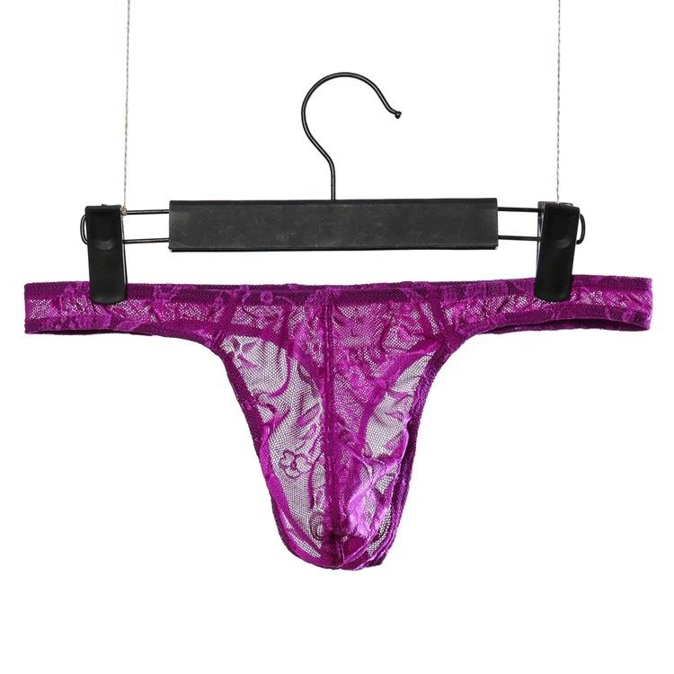 Low Waist Men'S Lace Thong Sex Exotic Lingerie Man G-String Ice Silk U Pouch Sheath Briefs Sissy Underpants Male Allure