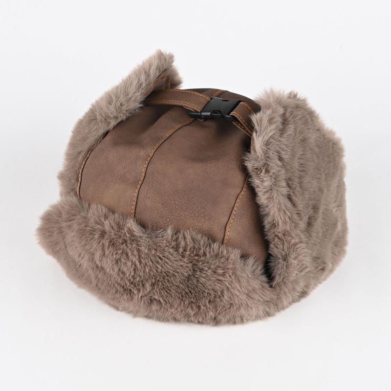 Men Winter Bomber Hat Outdoor Motorcycle Windproof Warm Faux Fur Pilot Earflap Hat Leather Thermal Ushanka