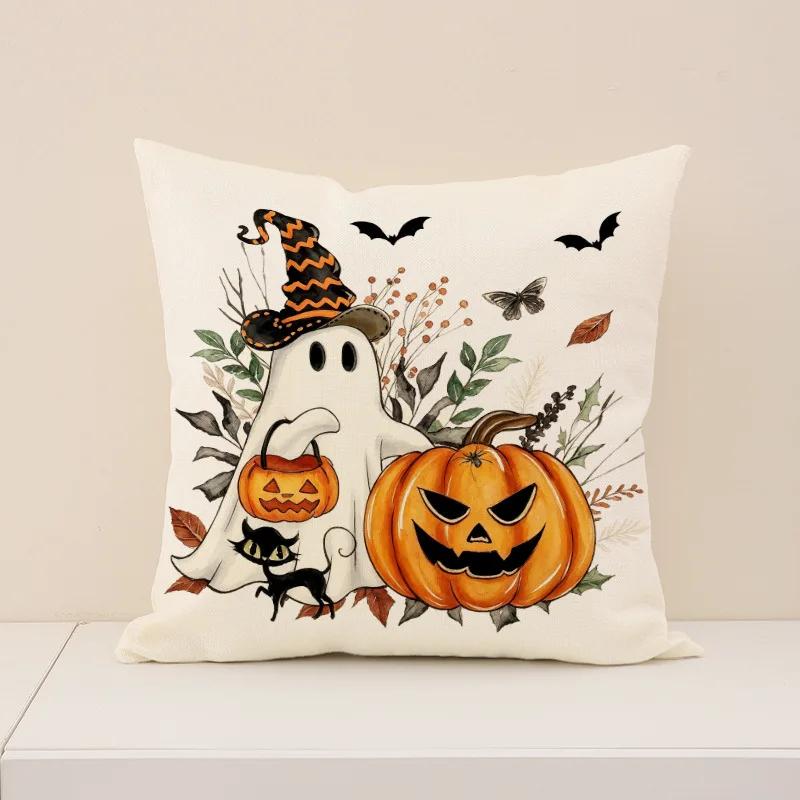1pcs Halloween Orange Throw Pillow Cover Cojines Ghost Pumpkin Print Polyester Comfortable Decoration Sofa Pillow Cushion Covers
