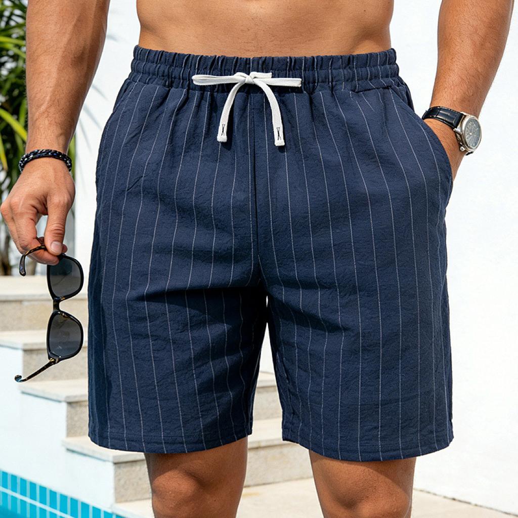 Mens Striped Linen Drawstring Beach Shorts Summer Casual