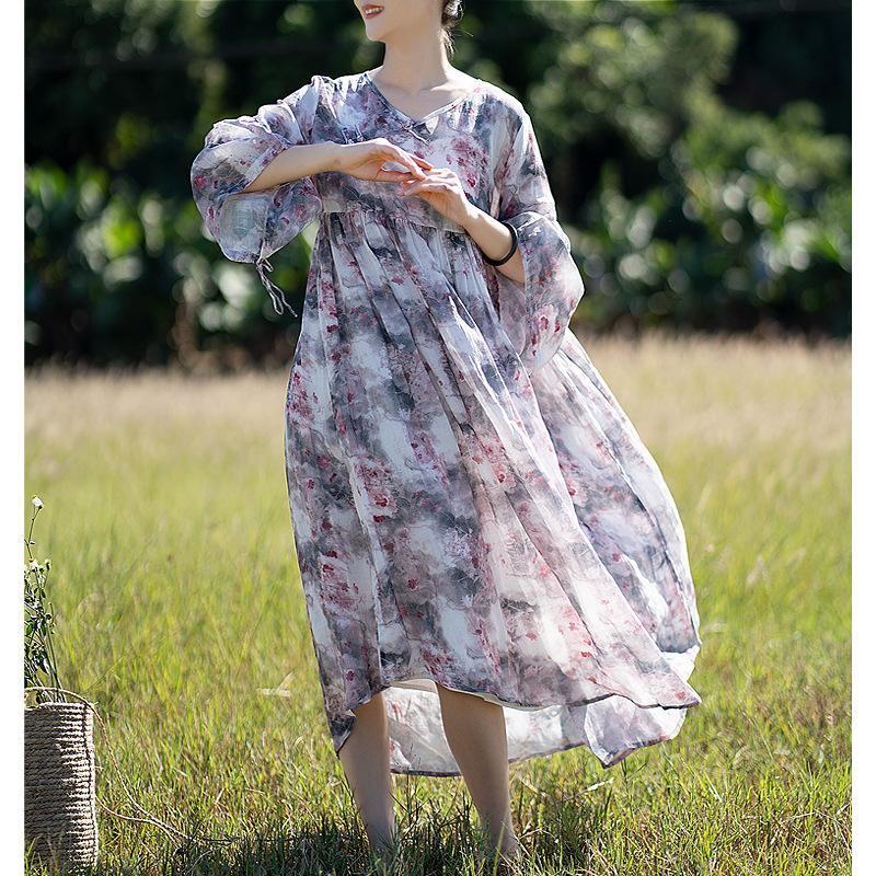 

Осеннее женское льняное платье Johnature с v-образным вырезом и пряжкой в ​​китайском стиле, с воздушными рукавами и короткими рукавами, винтажное свободное платье One Size серый