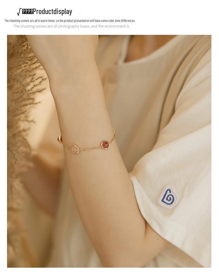 Natural Pink Strawberry Crystal Bracelet, Exquisite 14K Gold Plated Fashion Jewelry, Peach Blossom Beaded Design.