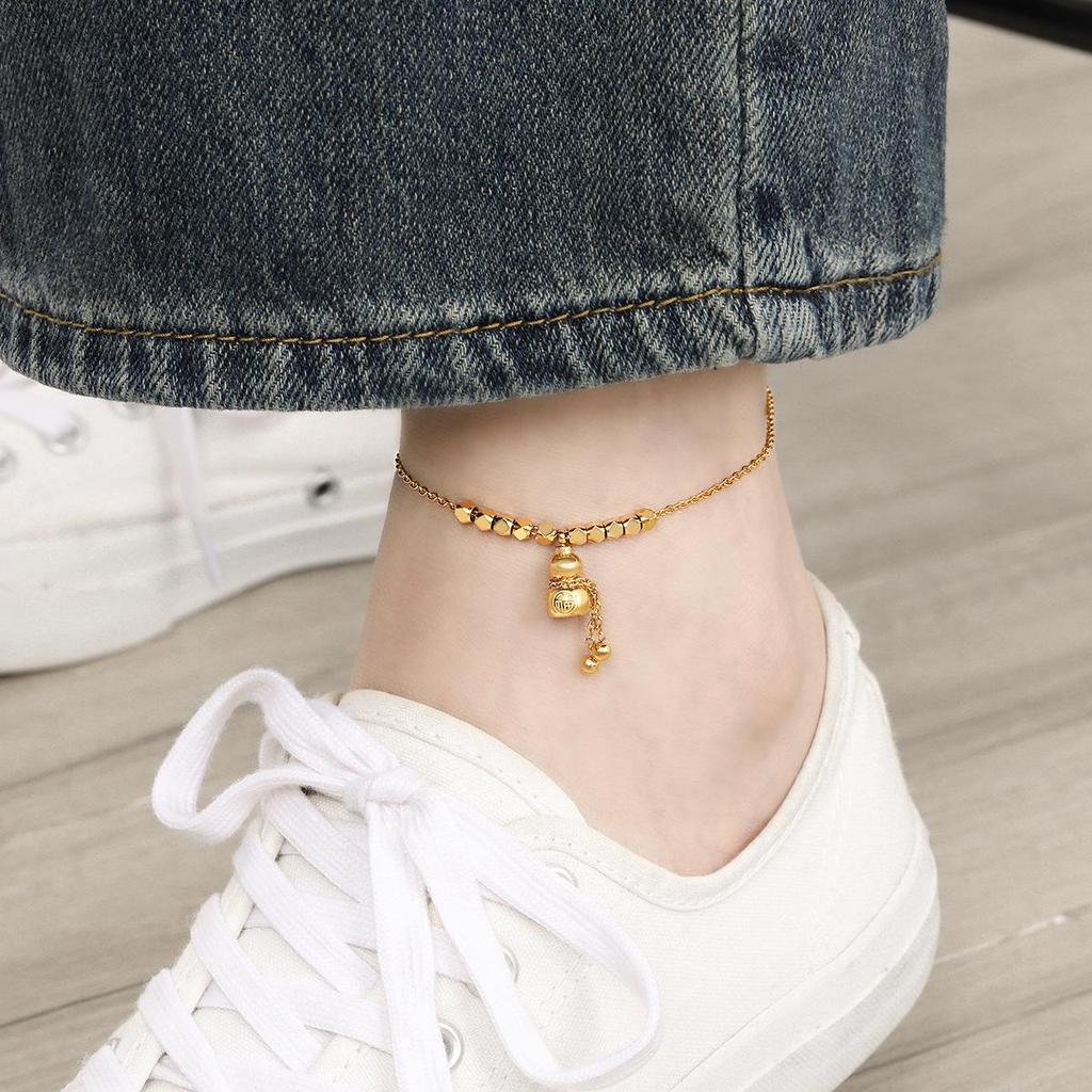 Elegant Geometric Fu Character Gourd Necklace & Anklet Jewelry Set in Titanium Steel
