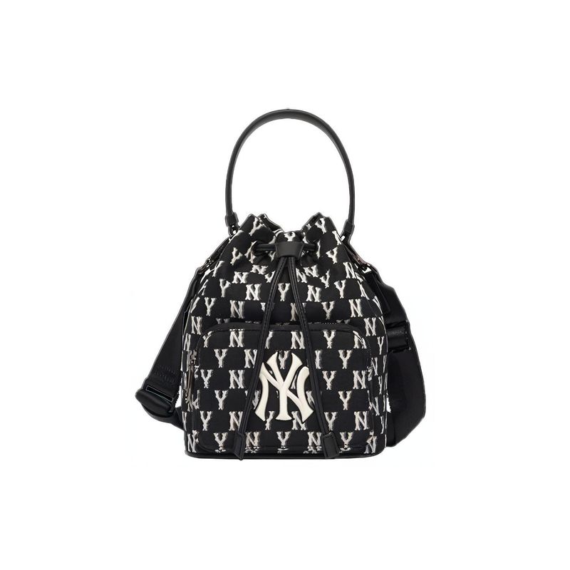 MLB Monogram Series Vintage Floral Print Letter Logo NY Yankees Polyester Bucket Bag Unisex Bags Black 3ABMS012N-50BKS