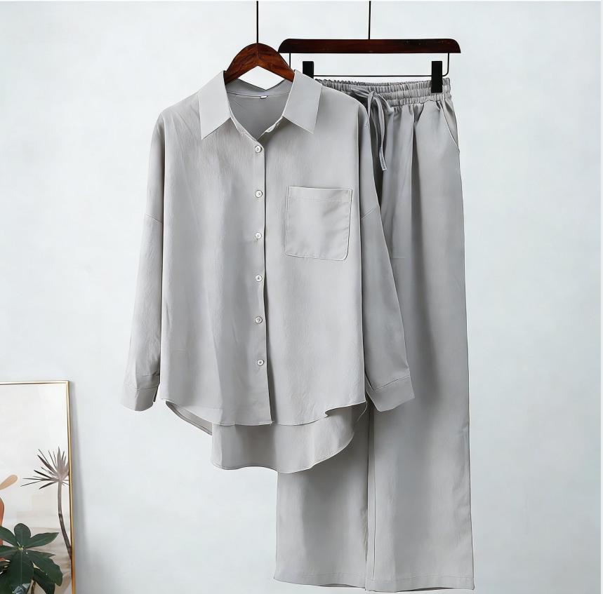

Women s Casual Two-Piece Set: Solid Color Long-Sleeved Shirt & Wide-Leg Pants for Autumn/Winter 3XL сірий колір