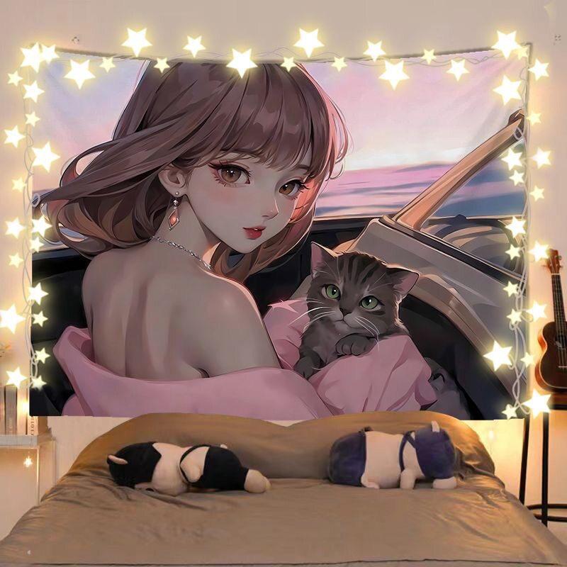 Anime Girl And Cat Healing Scenery Tapestry Wall Hanging Decorative Fabric for Room Headboard And Background Decoration