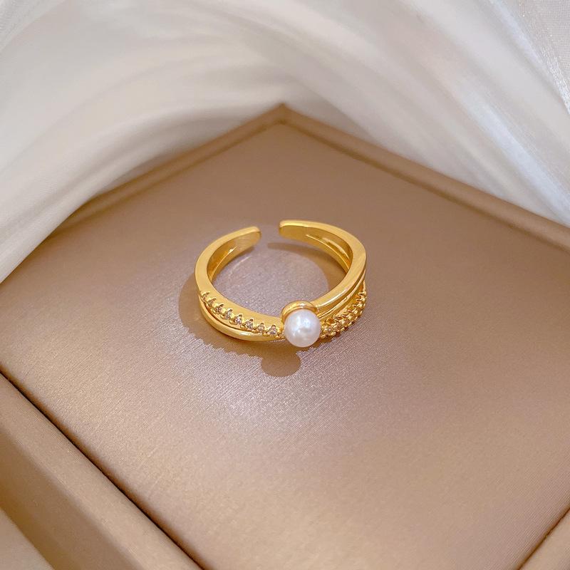 18k Gold Plated Trendy Imitation Pearl Zircon Cross Rings for Women Girls Adjustable Open Copper Ring Jewelry Accessories Gifts