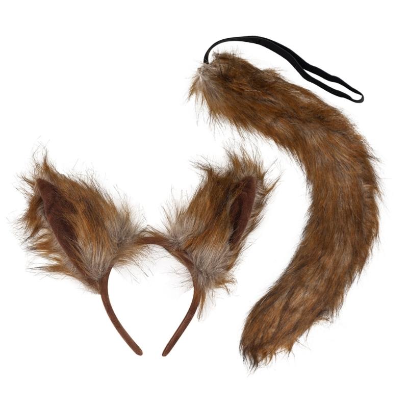 Foxes Cosplay Set Lovely Wolf Ears Headband Plush Animal Tail Foxes Tail Decorations Foxes Ears Headwear for Halloween