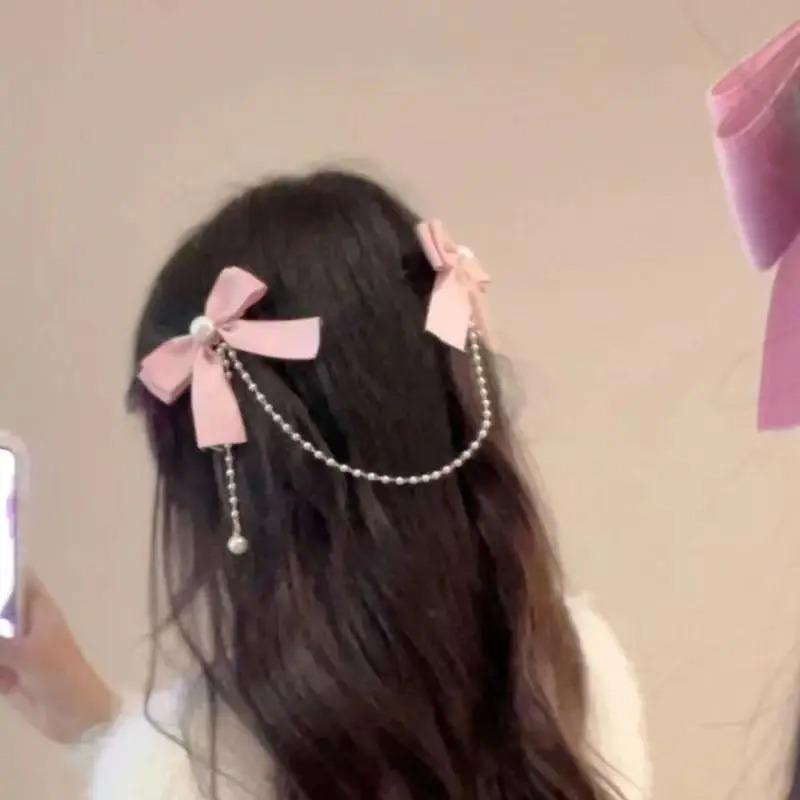 Bows Duckbill Clip Bobby Pins Princess Head Fringe Pearl BB Clip Hair Accessories Pearl Chain Double Edged Clip Bow HairClip