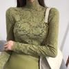 Women's Black Lace High-Neck Slimming Top: New Autumn/Winter Long Sleeve Mesh Design