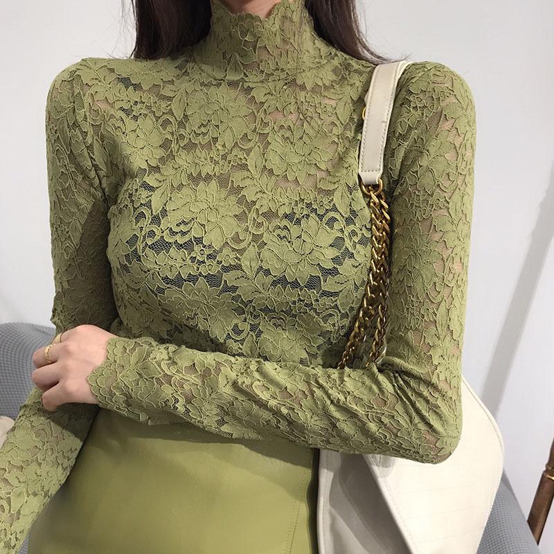 Women's Black Lace High-Neck Slimming Top: New Autumn/Winter Long Sleeve Mesh Design
