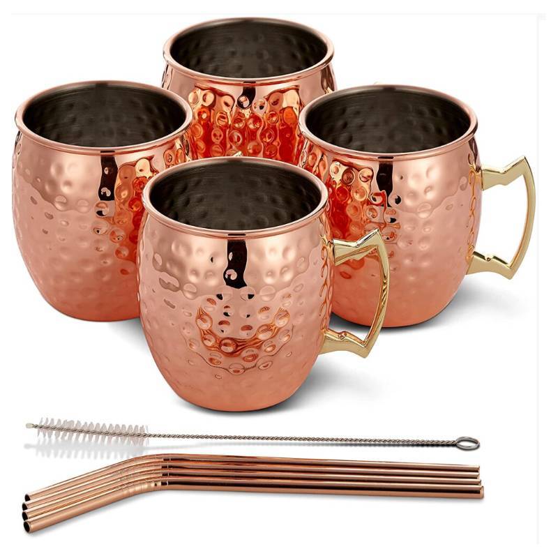 Rose Gold Cocktail Glass With Hammered Style And Stainless Steel Straw For Home Bar Decor