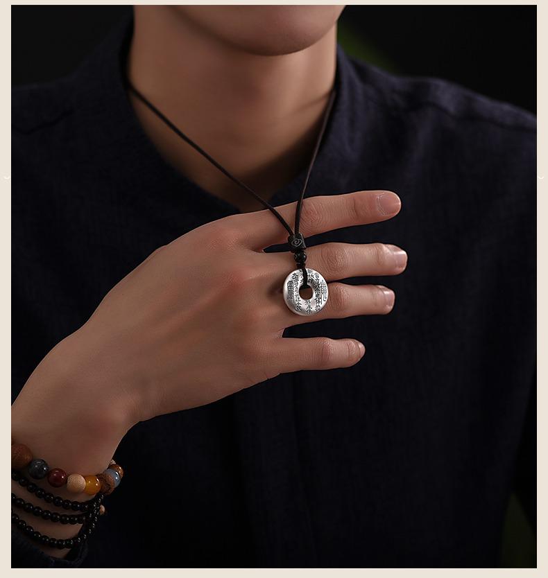 Sterling Silver Bagua Pendant Necklace with Woven Rope - Chinese Style Unisex Design