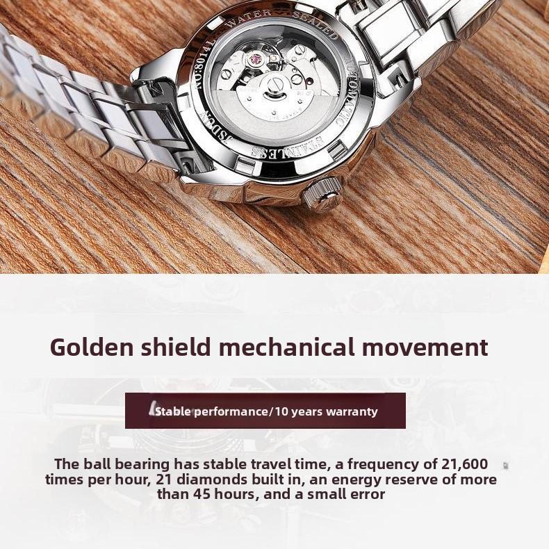 JINSHIDUN Tungsten Steel Mechanical Watch, Waterproof Double Calendar Ladies' Watch