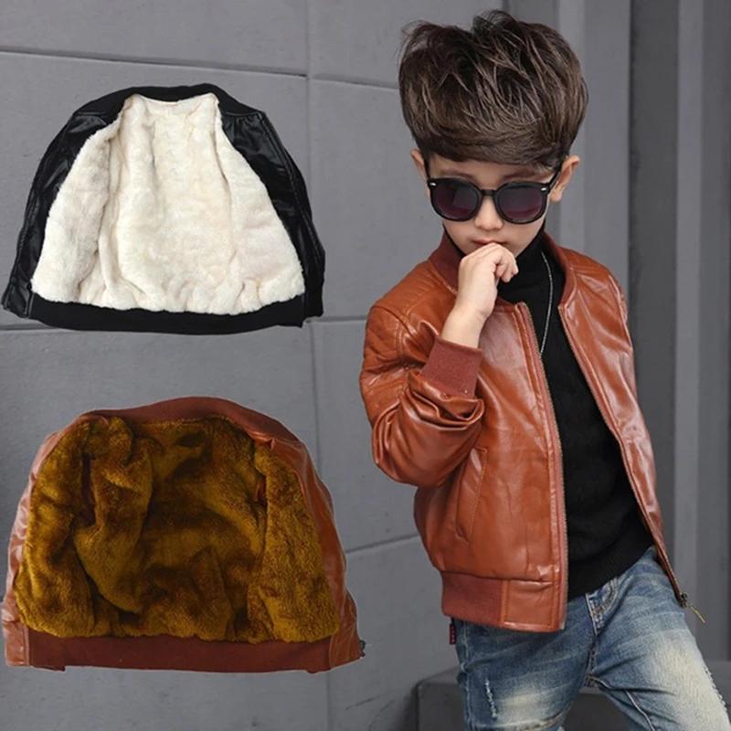 Boys Coats Autumn Winter Fashion Korean Children's Plus Velvet Warming Cotton PU Leather Jacket