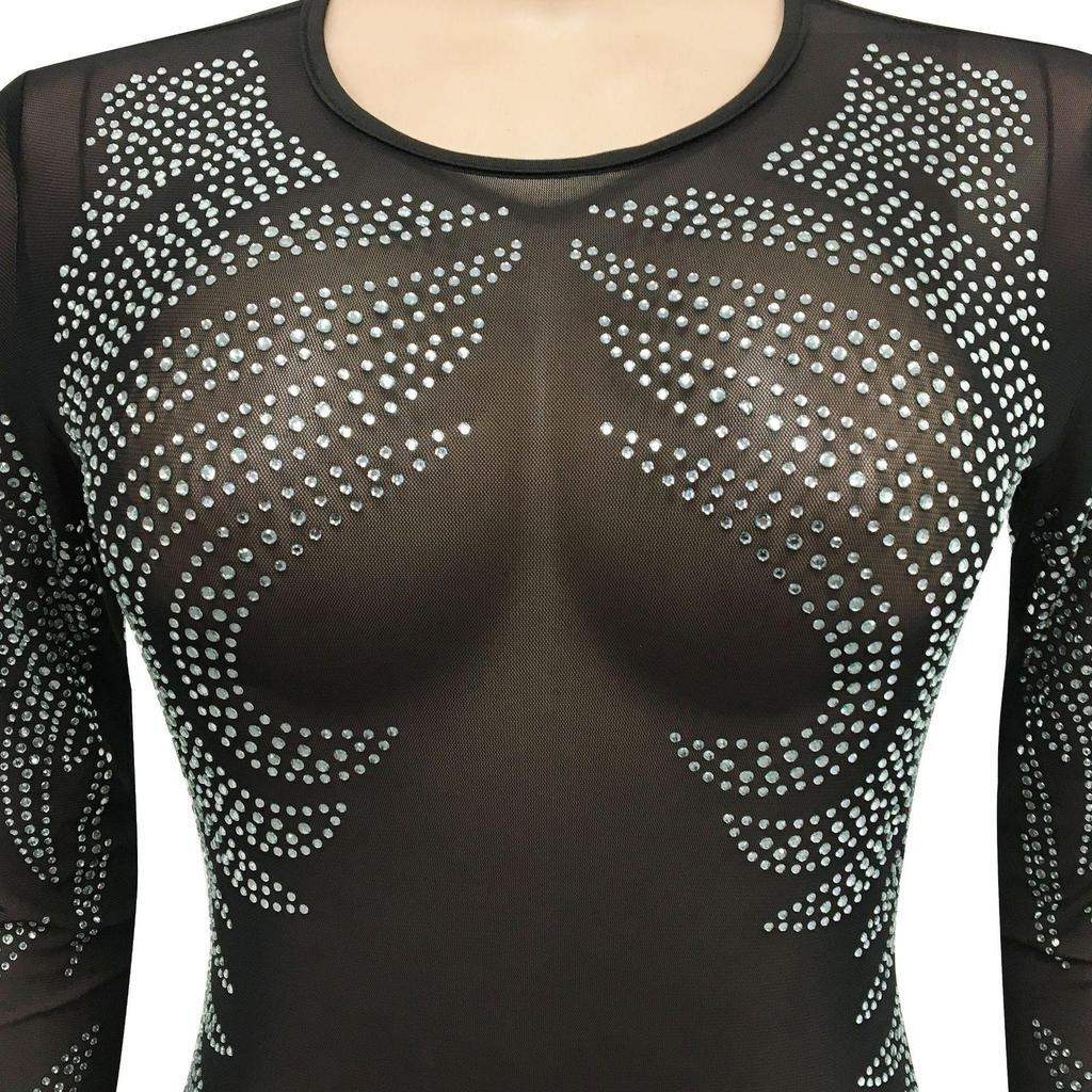 Rhinestone Mesh See-through Long Sleeve Nightclub Dress