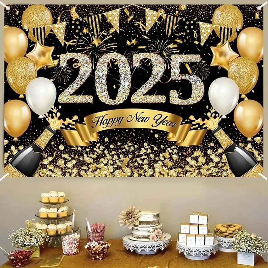 2025 Happy New Year Backdrop for Photography Champagne Golden Balloon Banner Celebrate Party Background Poster