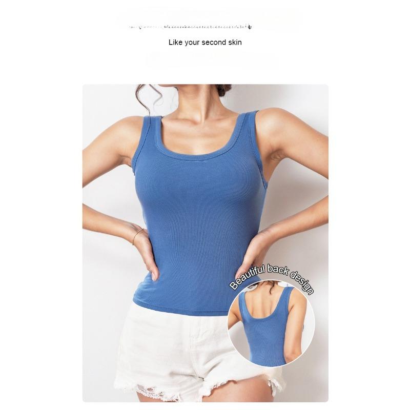 Geripptes Tanktop für Damen in U-Form mit herausnehmbaren BH-Polstern, schmale Passform, einfarbig, lässig, Tanktops innen und außen