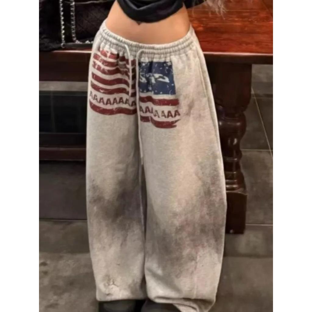 VIONA Y2K College American Hip-hop Goth Print Drawstring Wide Leg Sweatpants Loose 90s High Street Sports Trousers Floor Length Pants